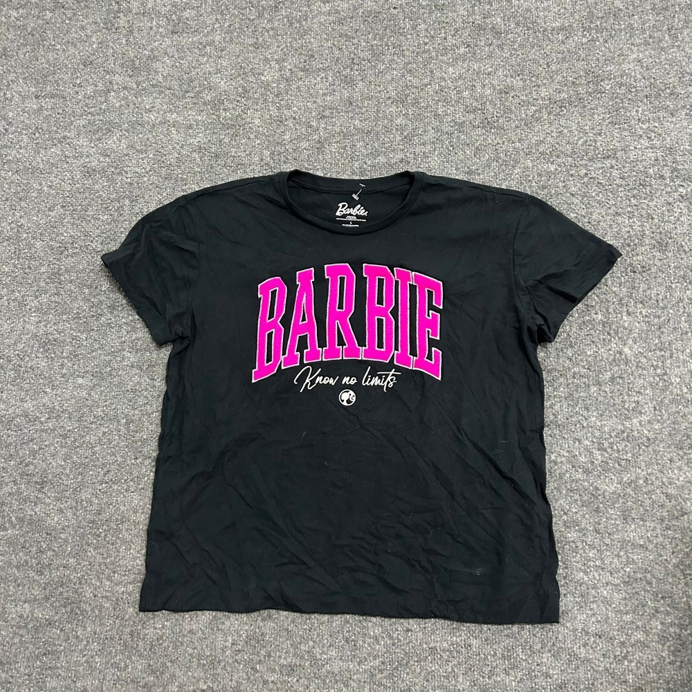 Barbie T-Shirt Womens Size L Black Pink Logo Graphic Short Sleeve Crew Neck Tee